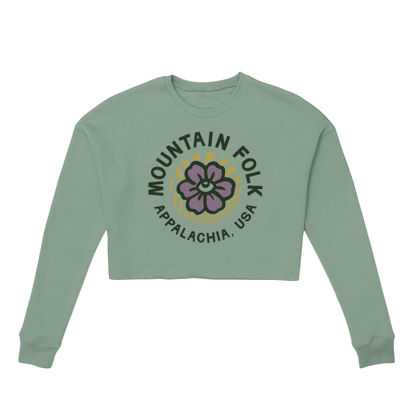 A women's cropped green sweatshirt with 'Mountain FOLK APPALACHIA, USA' text and a floral design on the front.