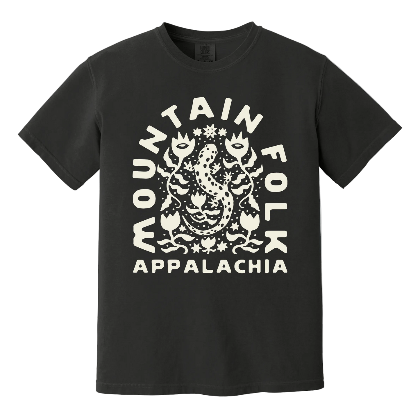 Black t-shirt with 'Mountain Folk Appalachia' text and a salamander design surrounded by wildflowers printed on the front.