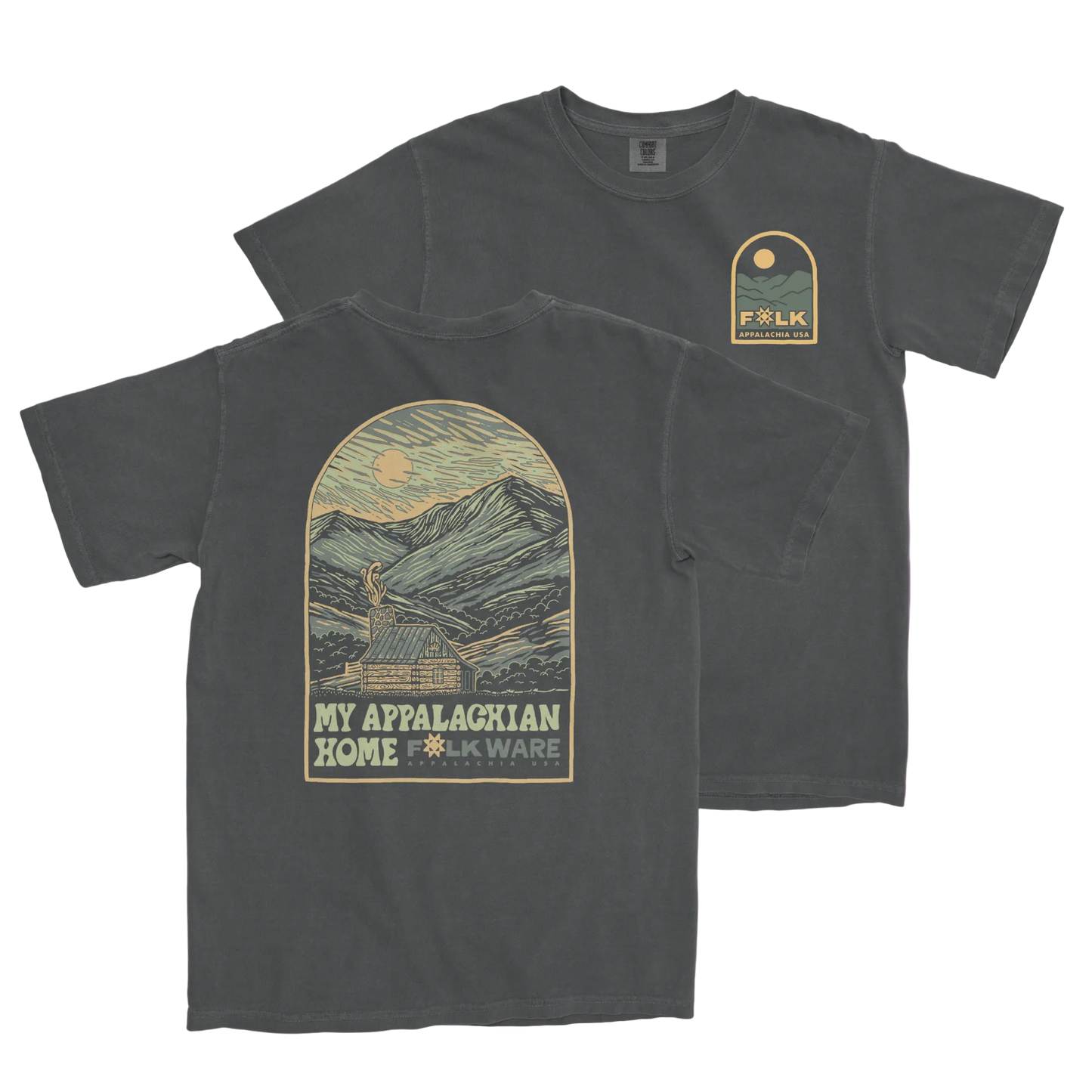 Dark gray t-shirt with mountain graphic and 'My Appalachian Home Folkware' text on a purple background