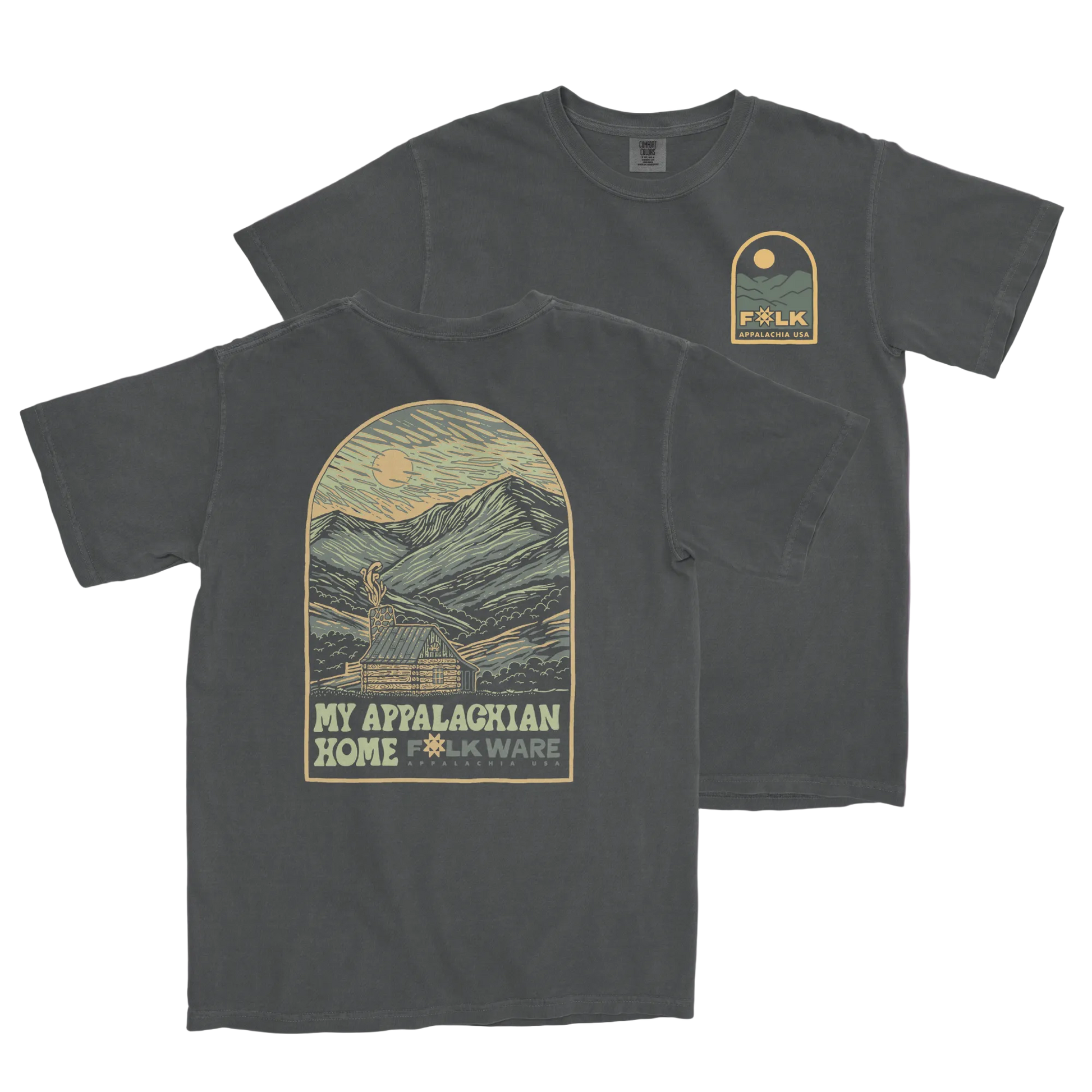 Dark gray t-shirt with mountain graphic and 'My Appalachian Home Folkware' text on a purple background