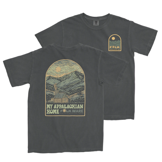 Dark gray t-shirt with mountain graphic and 'My Appalachian Home Folkware' text on a purple background