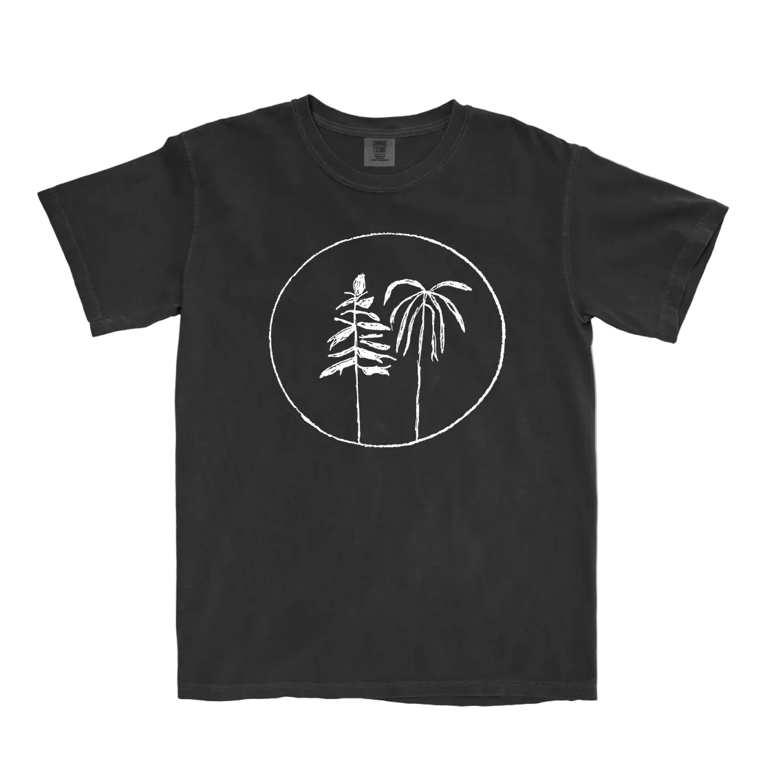 Black t-shirt with white palm tree design on a white background