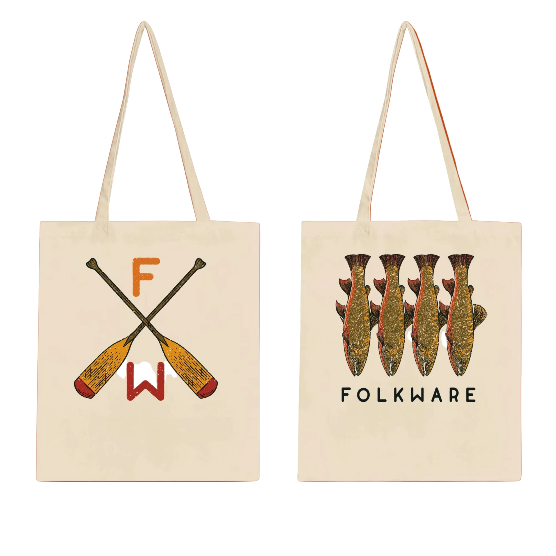 Two tote bags with 'FW' logo and fish illustration on a red background