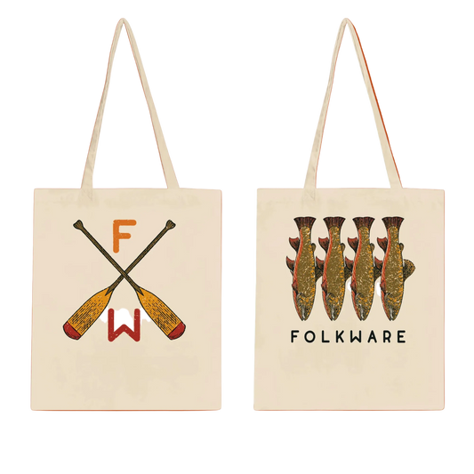 Two tote bags with 'FW' logo and fish illustration on a red background
