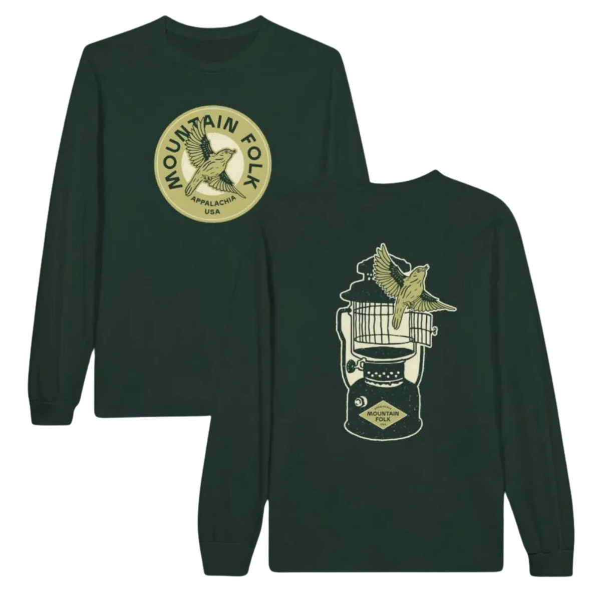 Green long-sleeve shirt with mountain folk logo and bird design