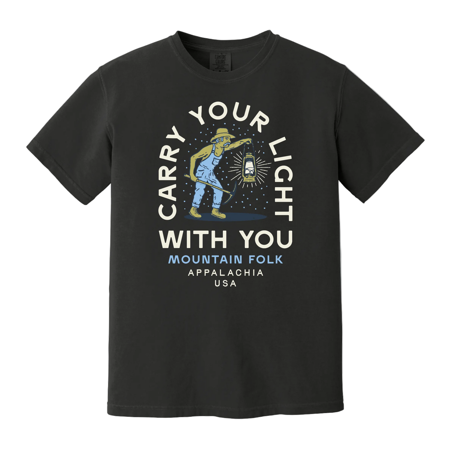 Black t-shirt with graphic text 'Carry Your Light With You' and an illustration of a miner holding a lantern.