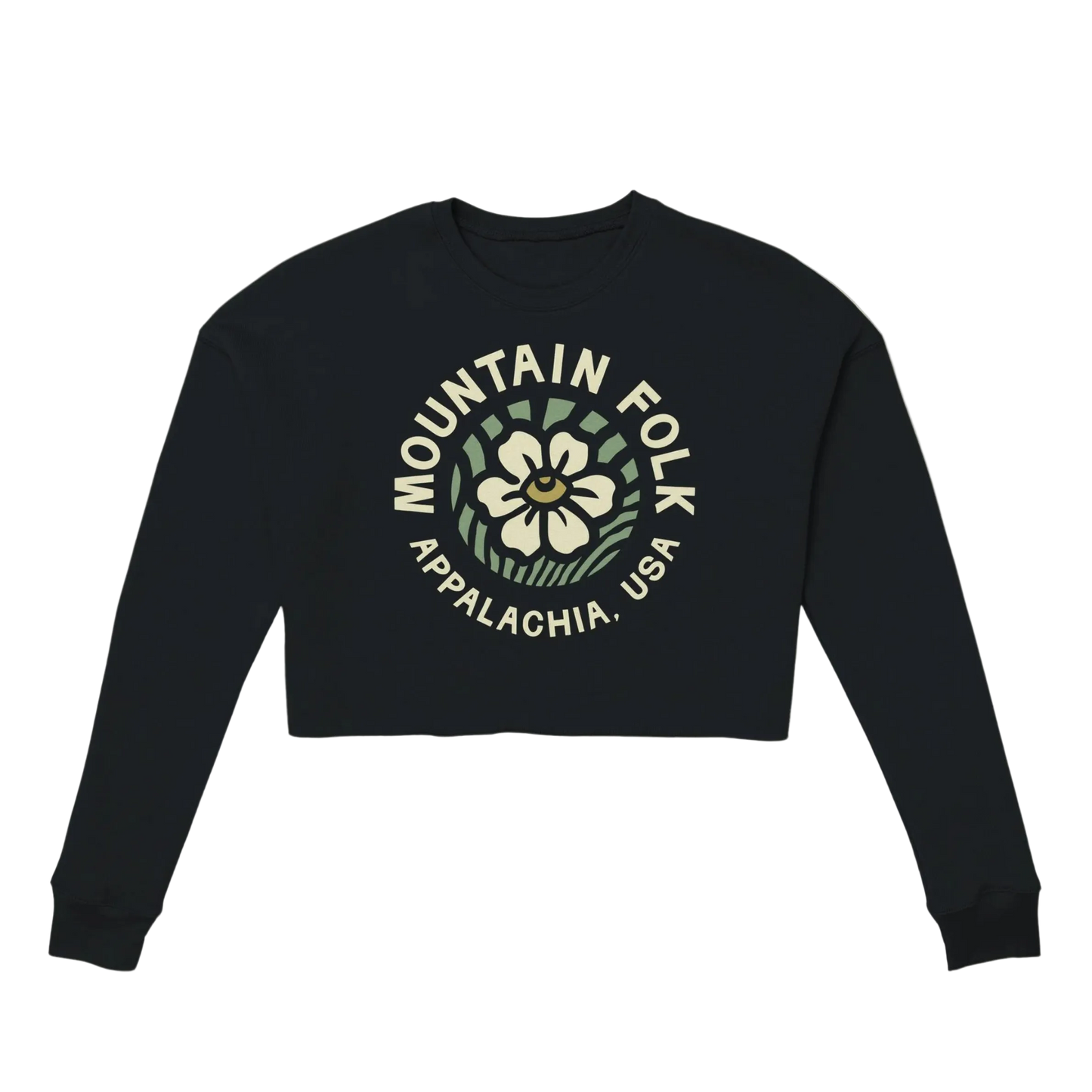 A black cropped sweatshirt with 'MOUNTAIN FOLK APPALACHIA USA' text and a floral design on the front.