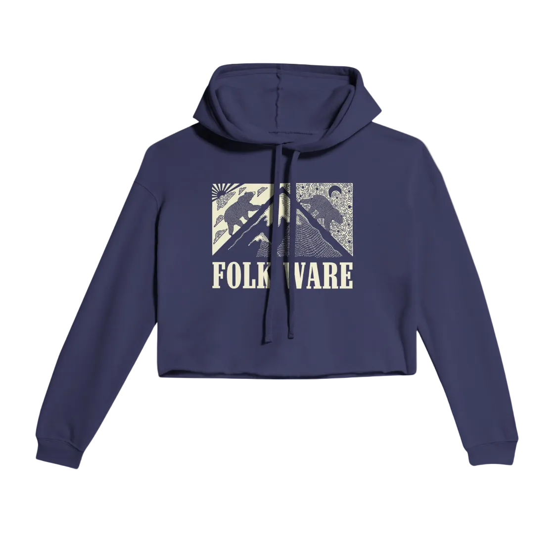 A navy blue women's cropped hoodie with a graphic on the front showing a bear and mountains, and the brand name 'FOLK WARE' below it.