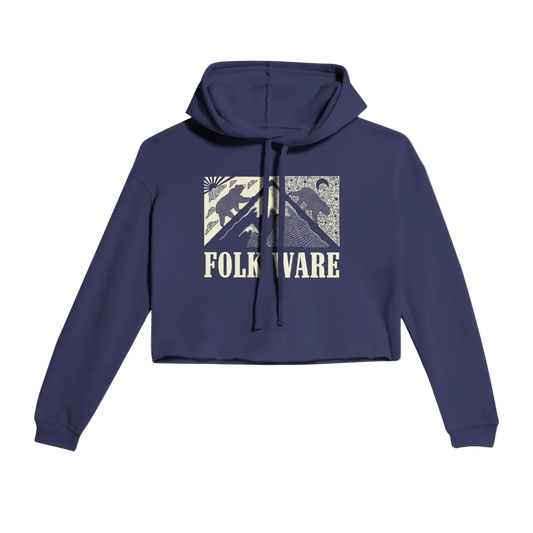 A navy blue women's cropped hoodie with a graphic on the front showing a bear and mountains, and the brand name 'FOLK WARE' below it.