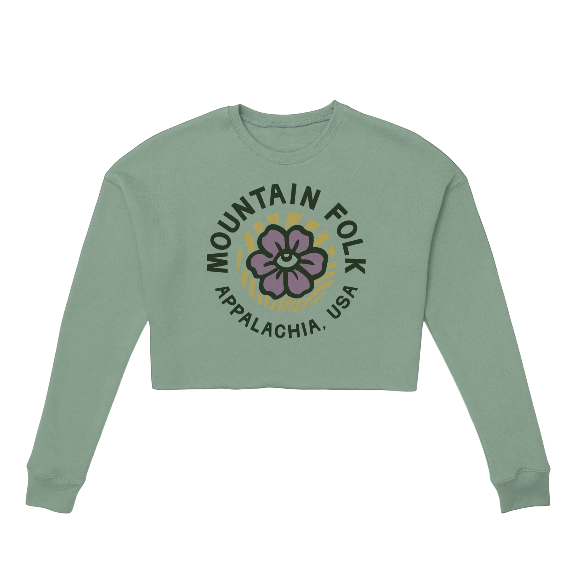 A women's cropped green sweatshirt with 'Mountain FOLK APPALACHIA, USA' text and a floral design on the front.