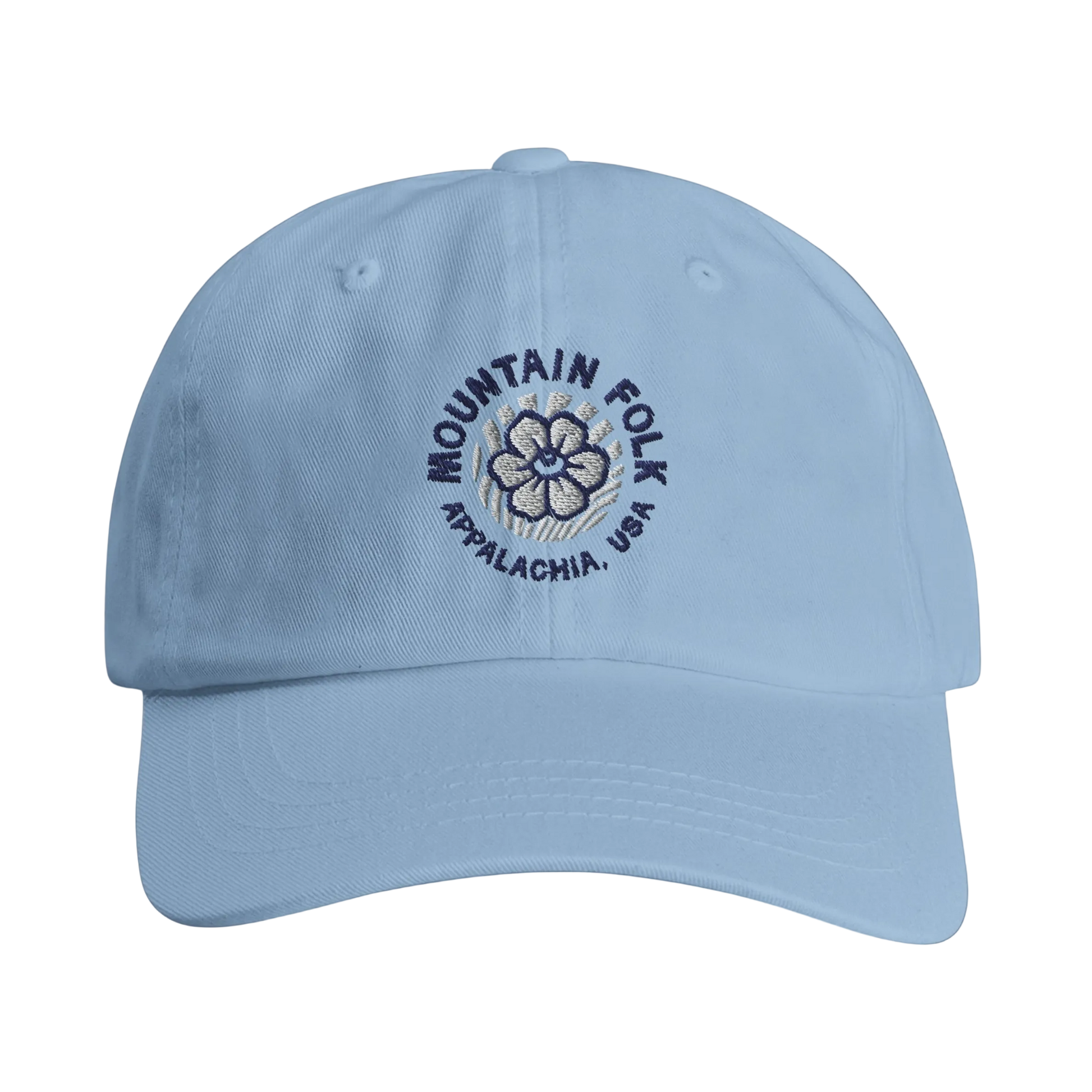 A light blue cap with an embroidered 'Mountain FOLK Appalachia USA' logo on the front.