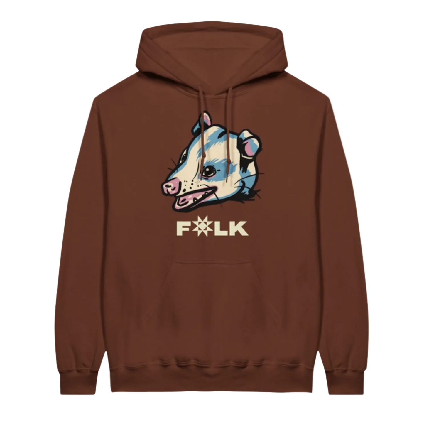 Brown hoodie with a graphic of an opossum and 'Folk' text on a white background