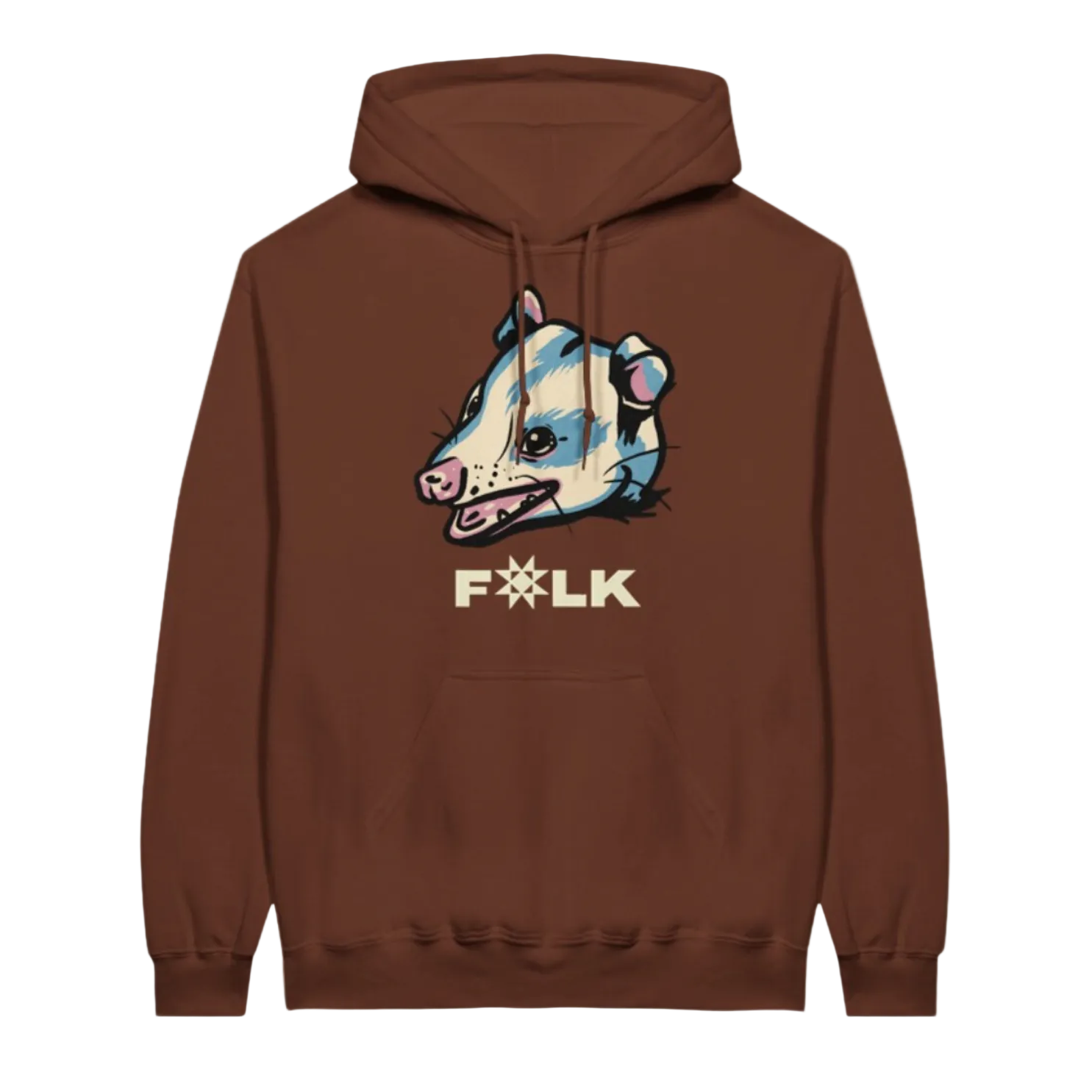 Brown hoodie with a graphic of an opossum and 'Folk' text on a white background