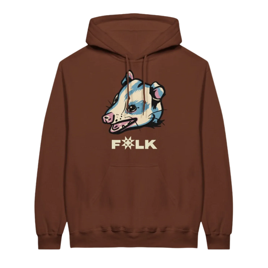 Brown hoodie with a graphic of an opossum and 'Folk' text on a white background