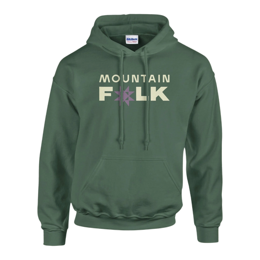 Green hoodie with 'MOUNTAIN FOLK' text on the front, featuring a hood, drawstrings, and a front pouch pocket.