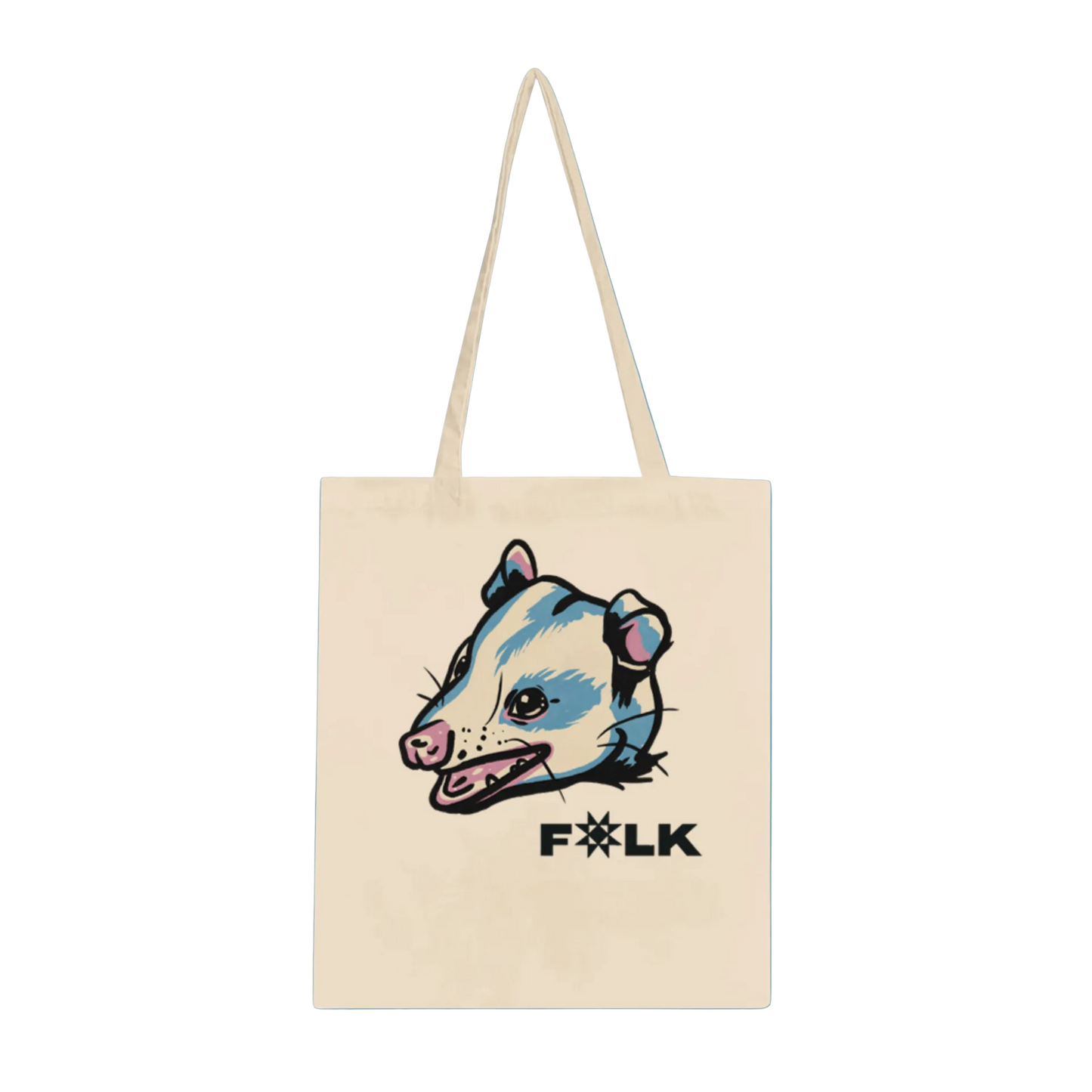 A beige tote bag with a graphic print of an opossum and the word 'FOLK' on it.