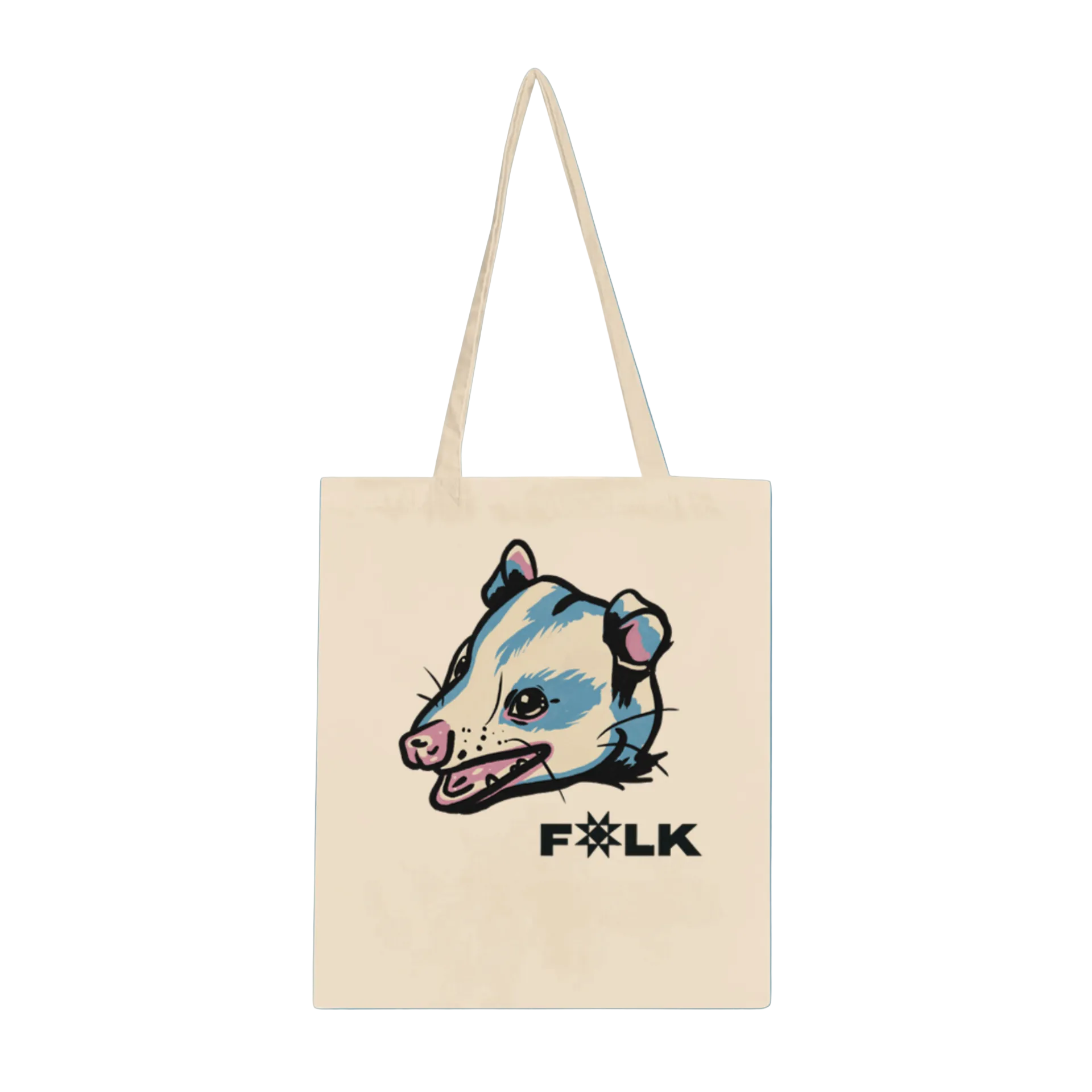 A beige tote bag with a graphic print of an opossum and the word 'FOLK' on it.