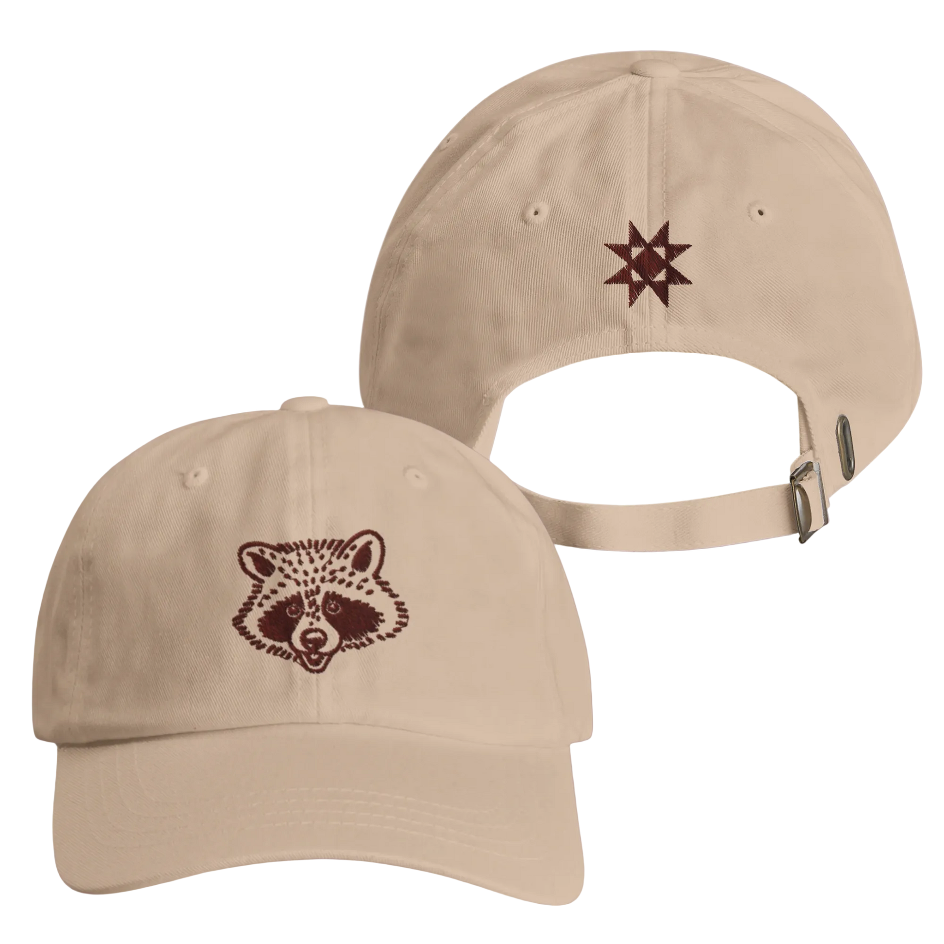 Two beige caps with embroidered designs on a purple background