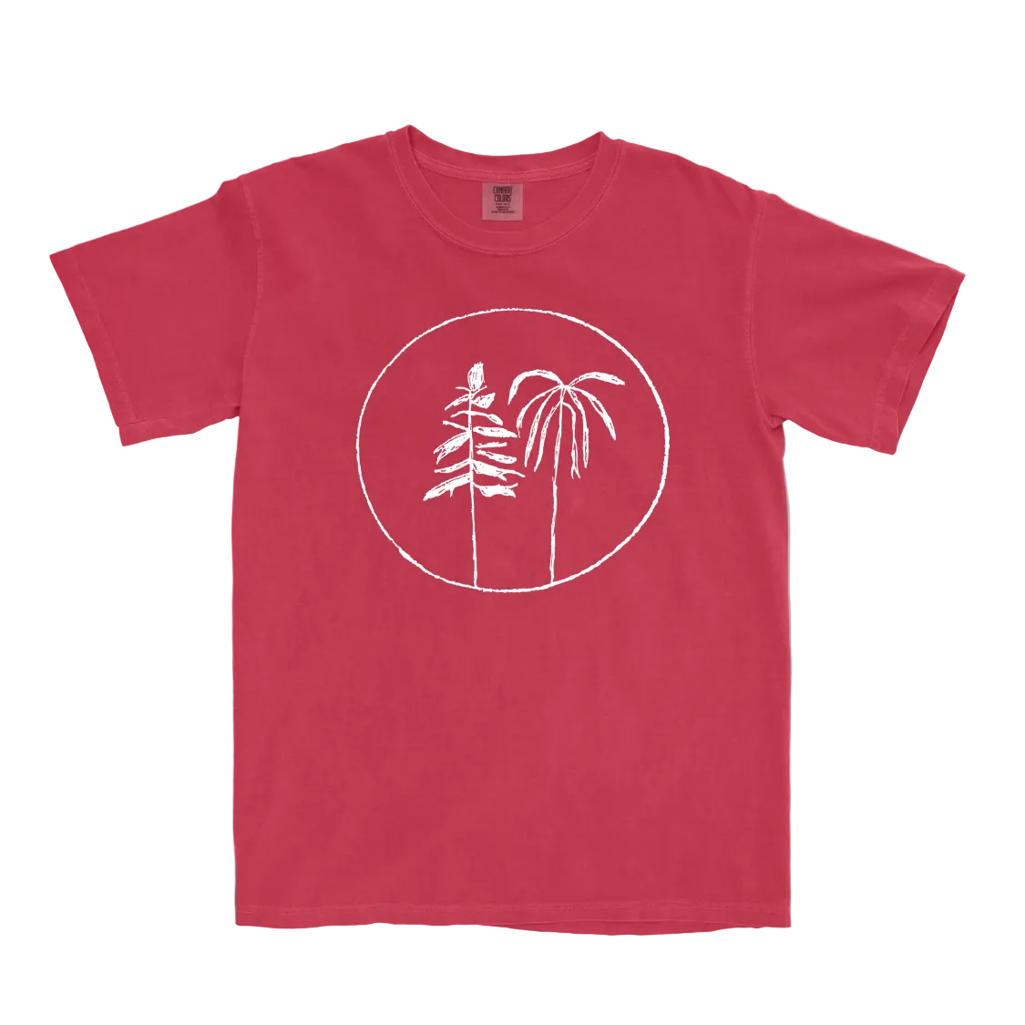 Red t-shirt with white palm tree design on a white background