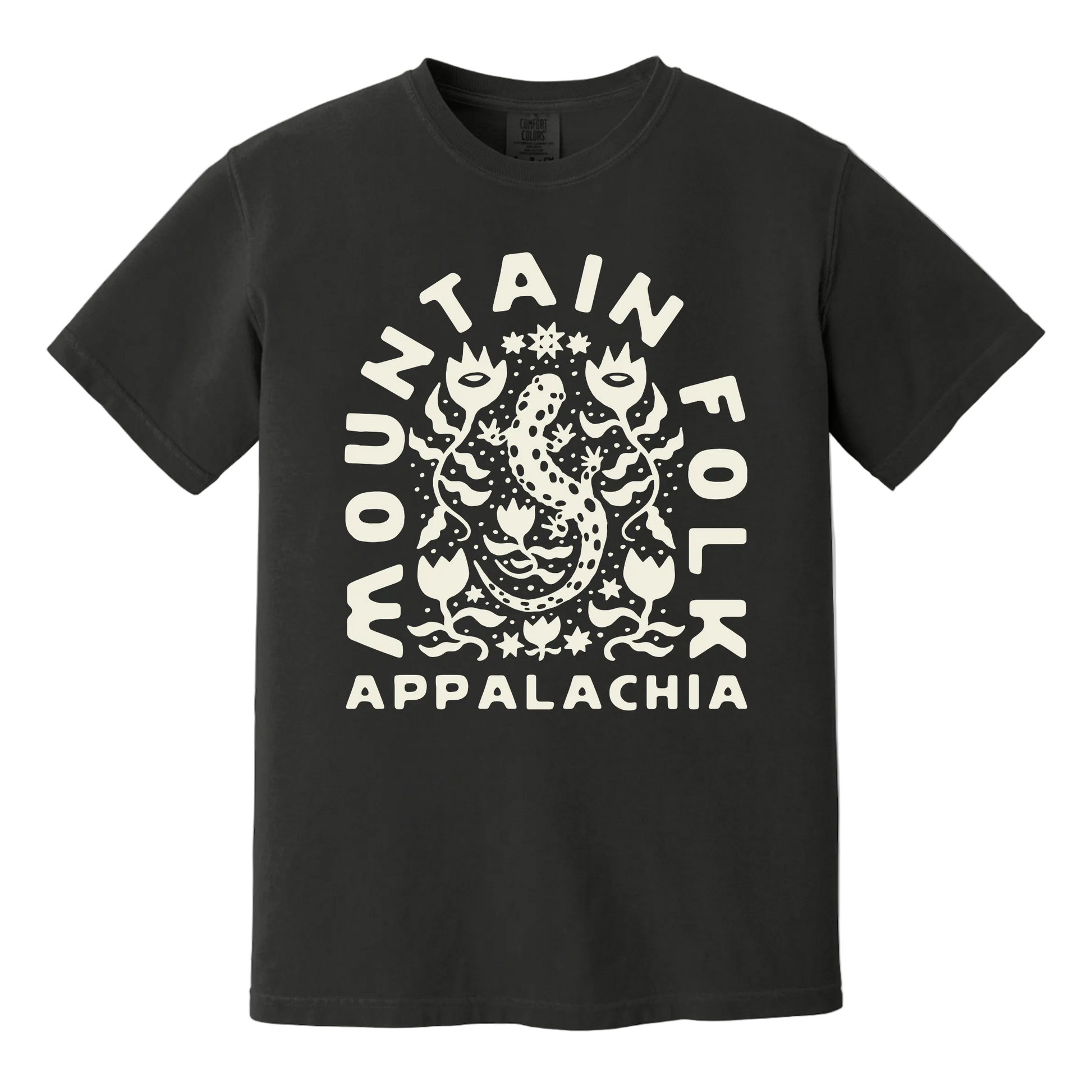 Black t-shirt with 'Mountain Folk Appalachia' text and a salamander design surrounded by wildflowers printed on the front.
