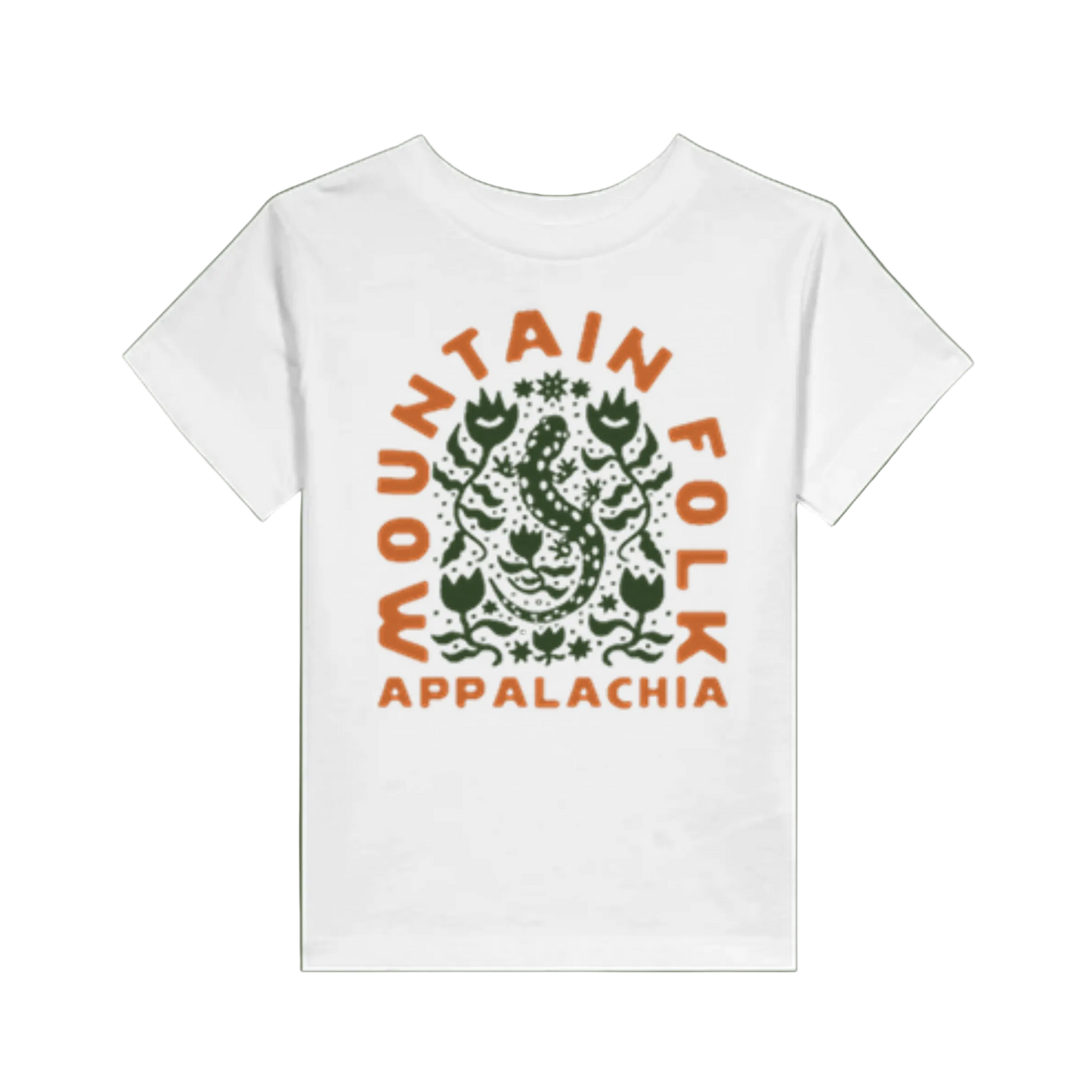 A white toddler t-shirt with 'Mountain FOLK Appalachia' text and a salamander illustration surrounded by native wildflowers, in a two-tone design with orange and green colors.