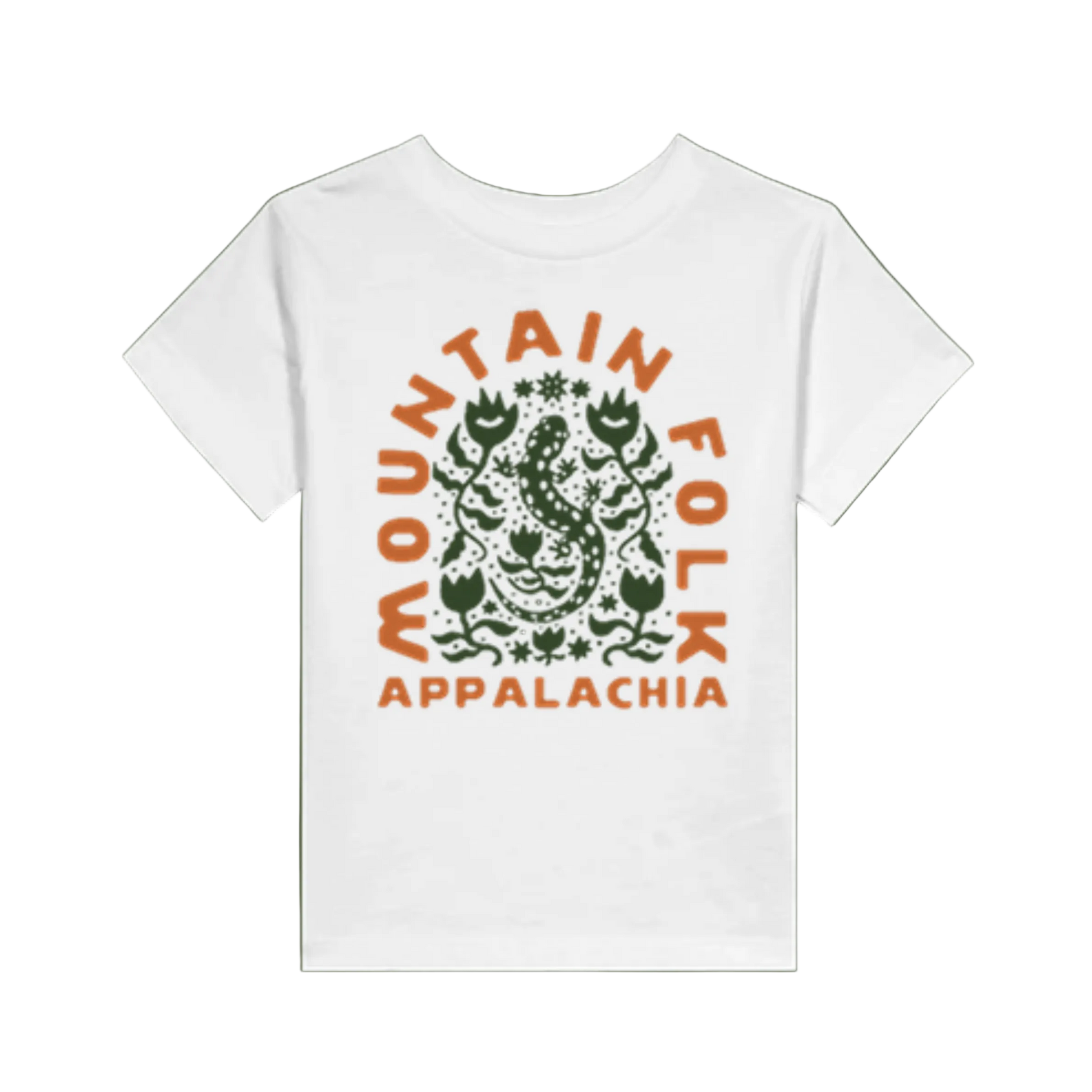 A white toddler t-shirt with 'Mountain FOLK Appalachia' text and a salamander illustration surrounded by native wildflowers, in a two-tone design with orange and green colors.