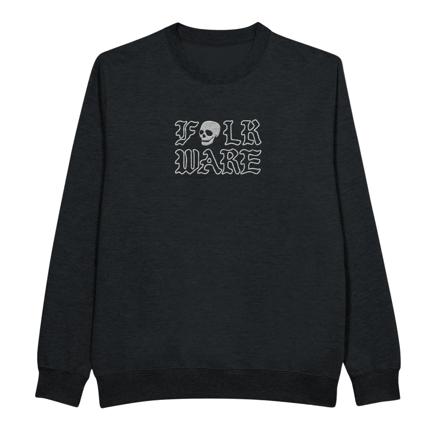 Black crewneck sweatshirt with 'FOLK WARE' text and an embroidered skull logo on the front.