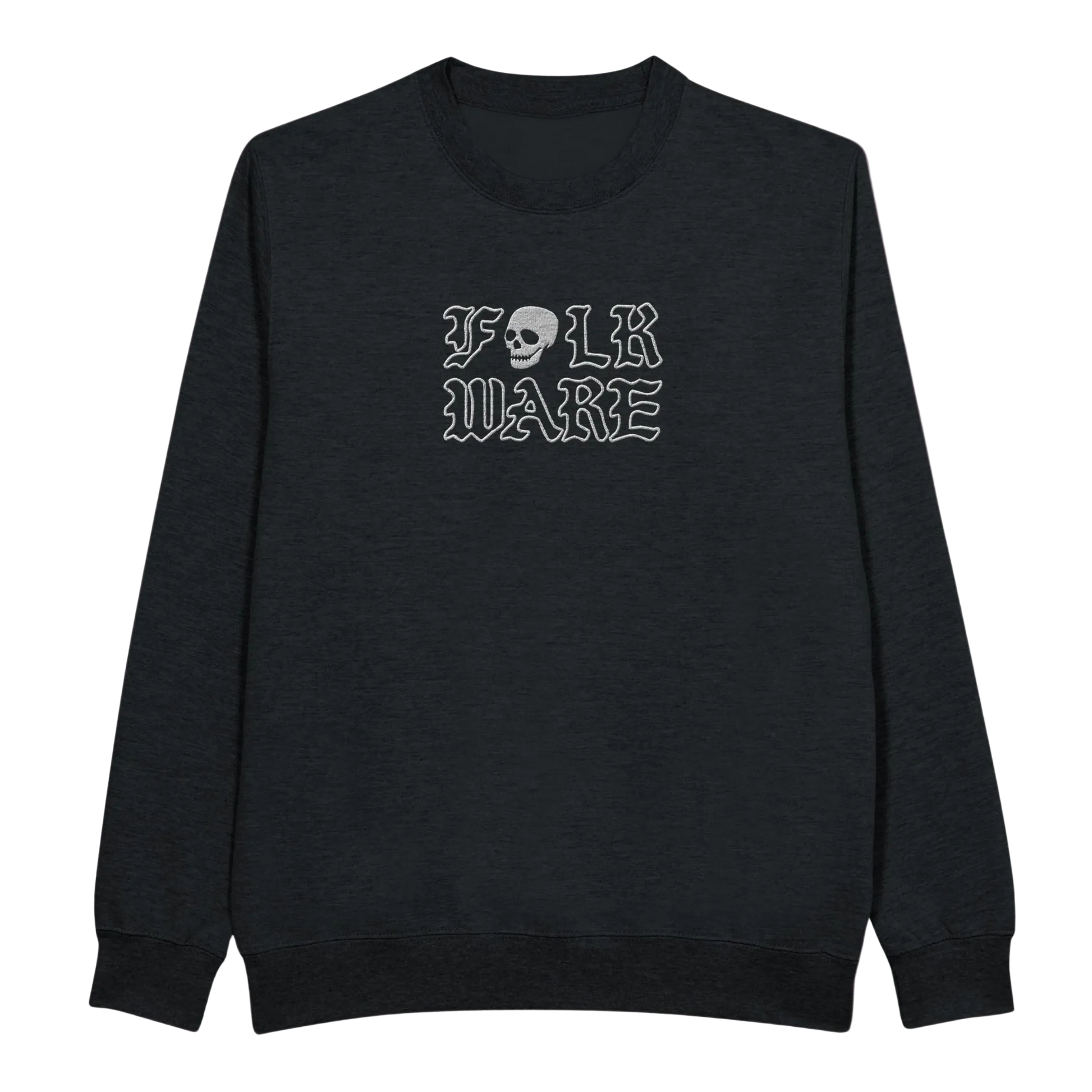 Black crewneck sweatshirt with 'FOLK WARE' text and an embroidered skull logo on the front.
