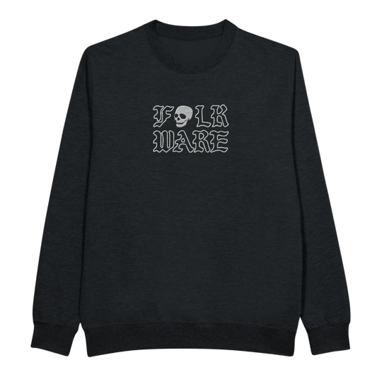 Black crewneck sweatshirt with 'FOLK WARE' text and an embroidered skull logo on the front.