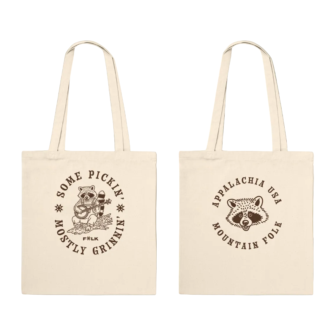 Two beige tote bags with raccoon graphics and text on a white background