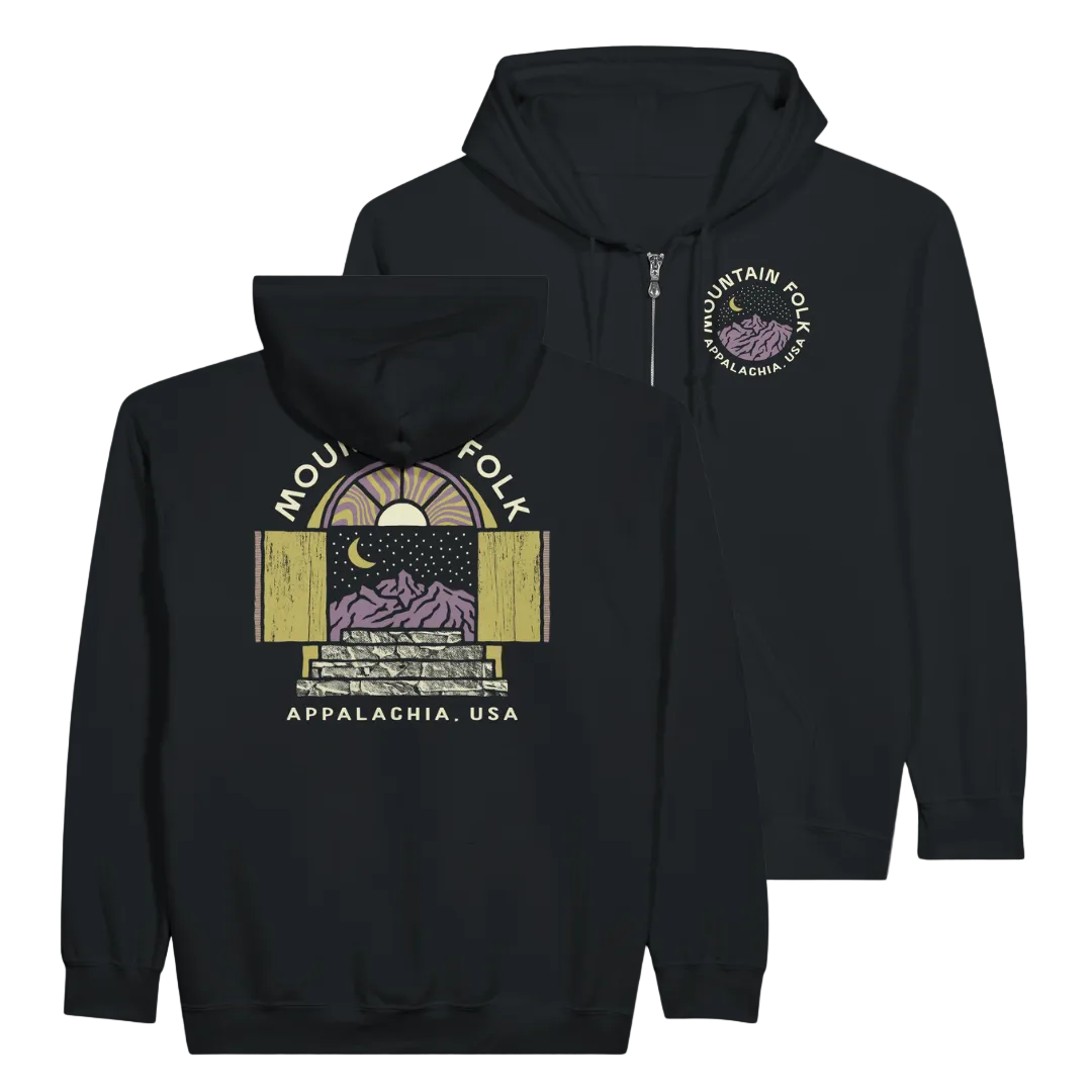 Black hoodie with mountain-themed graphics on front and back, displayed on a white background.