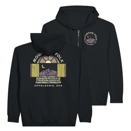 Black hoodie with mountain-themed graphics on front and back, displayed on a white background.