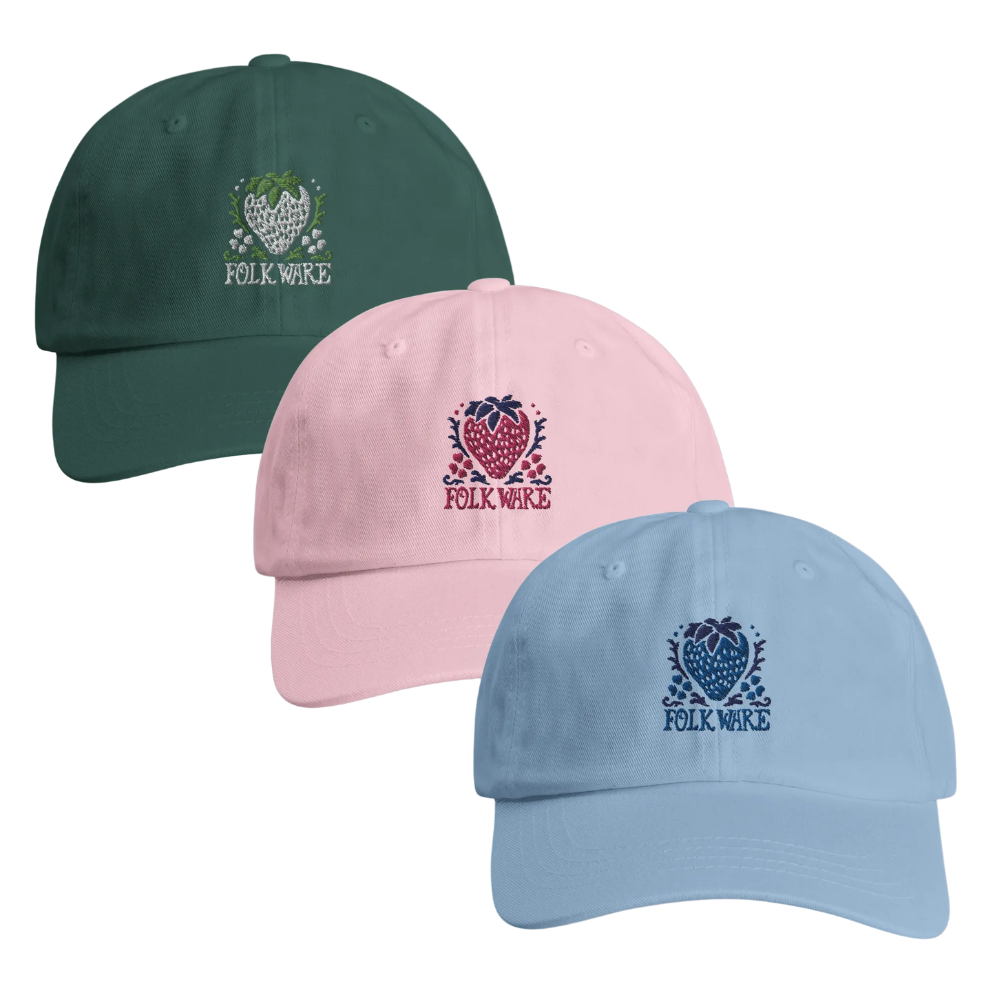 Three baseball caps in green, pink, and blue with 'Folk Ware' logo 