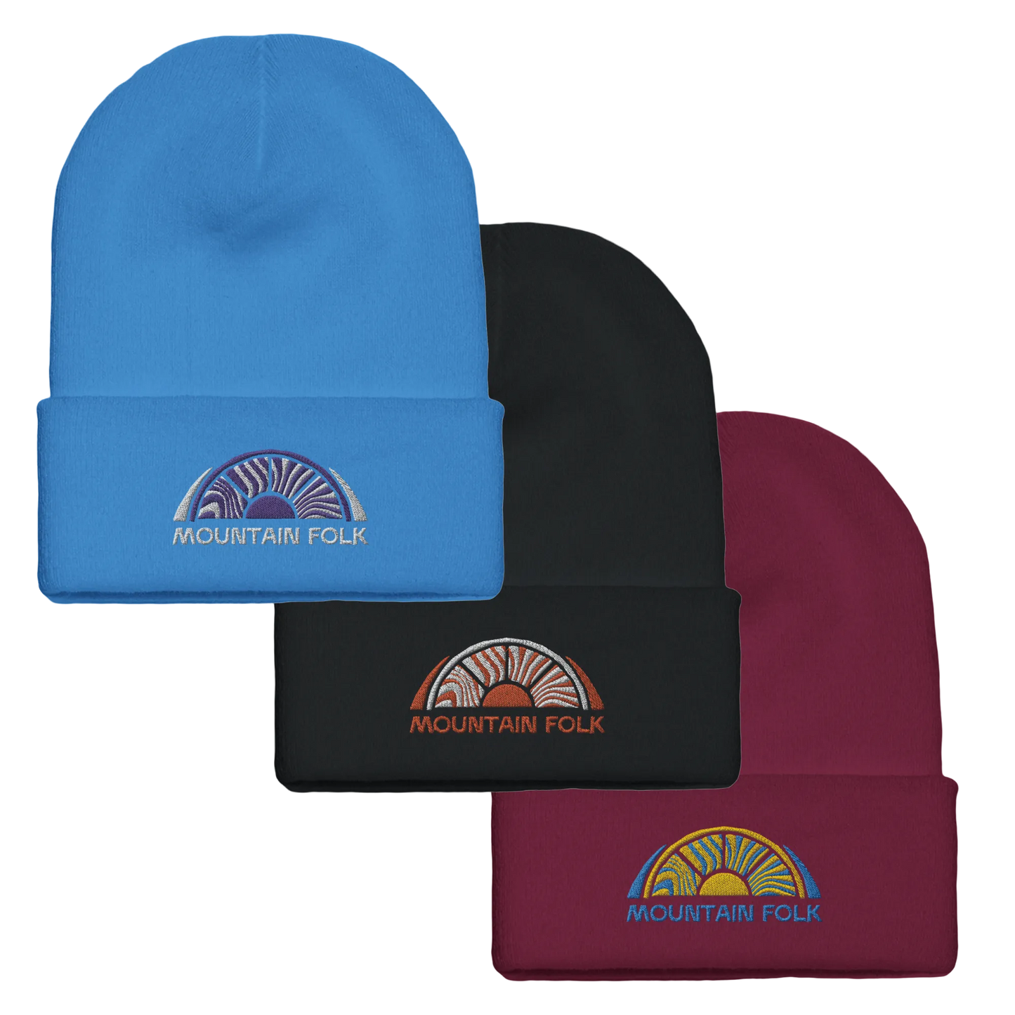 Three beanies in blue, black, and red with 'Mountain Folk' logo on a purple background