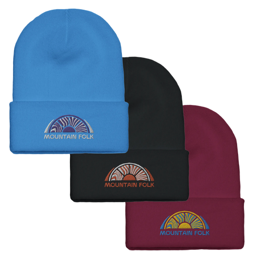 Three beanies in blue, black, and red with 'Mountain Folk' logo on a purple background