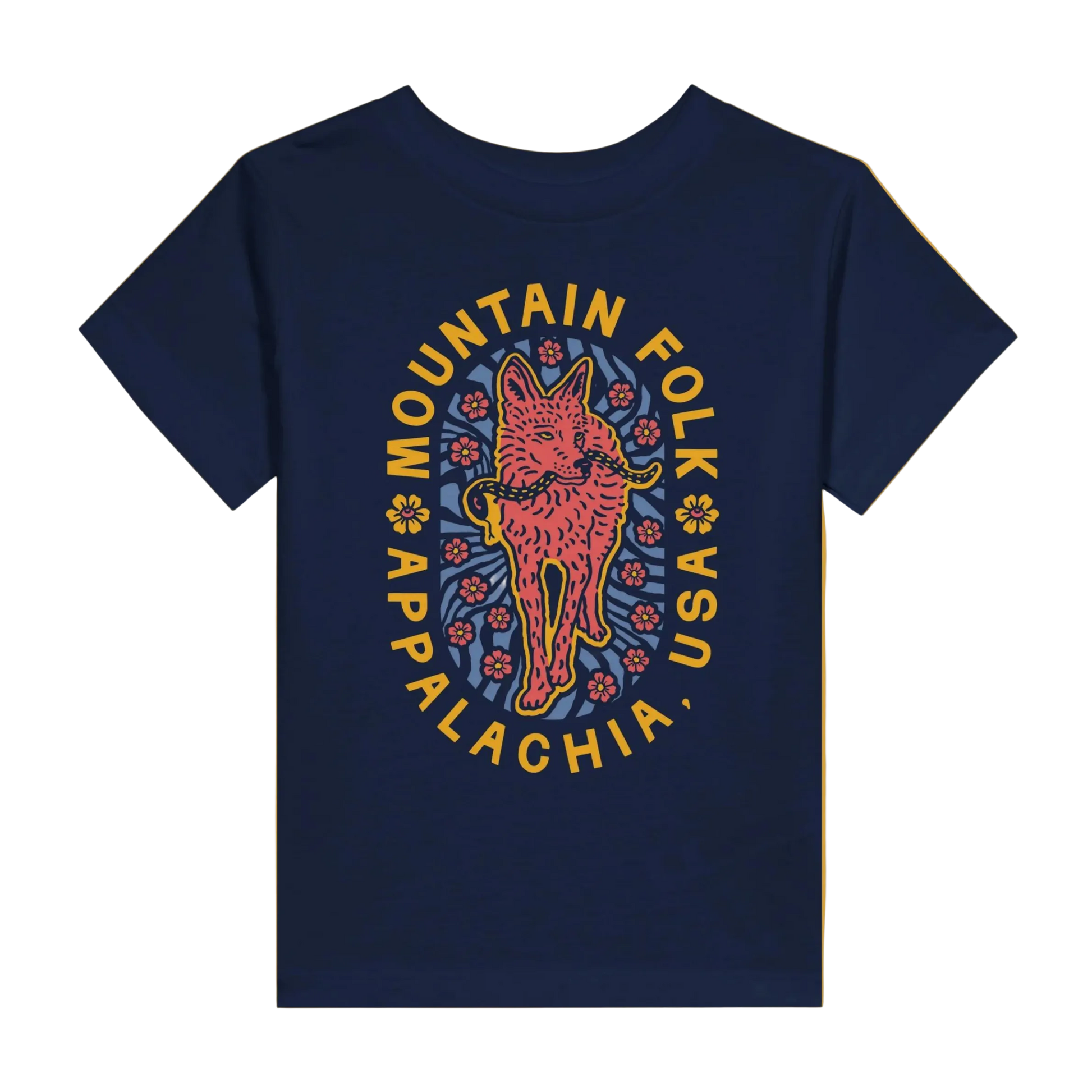A toddler-sized navy blue t-shirt with a graphic of a mountain coyote and the text 'Mountain Folk Appalachia'.