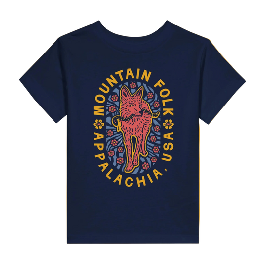 A toddler-sized navy blue t-shirt with a graphic of a mountain coyote and the text 'Mountain Folk Appalachia'.